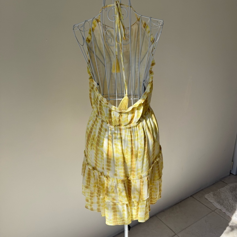 Majorelle baker Yellow Tie-Dye Ruffle Mini Dress Size S backless elastic waist - Picture 3 of 10